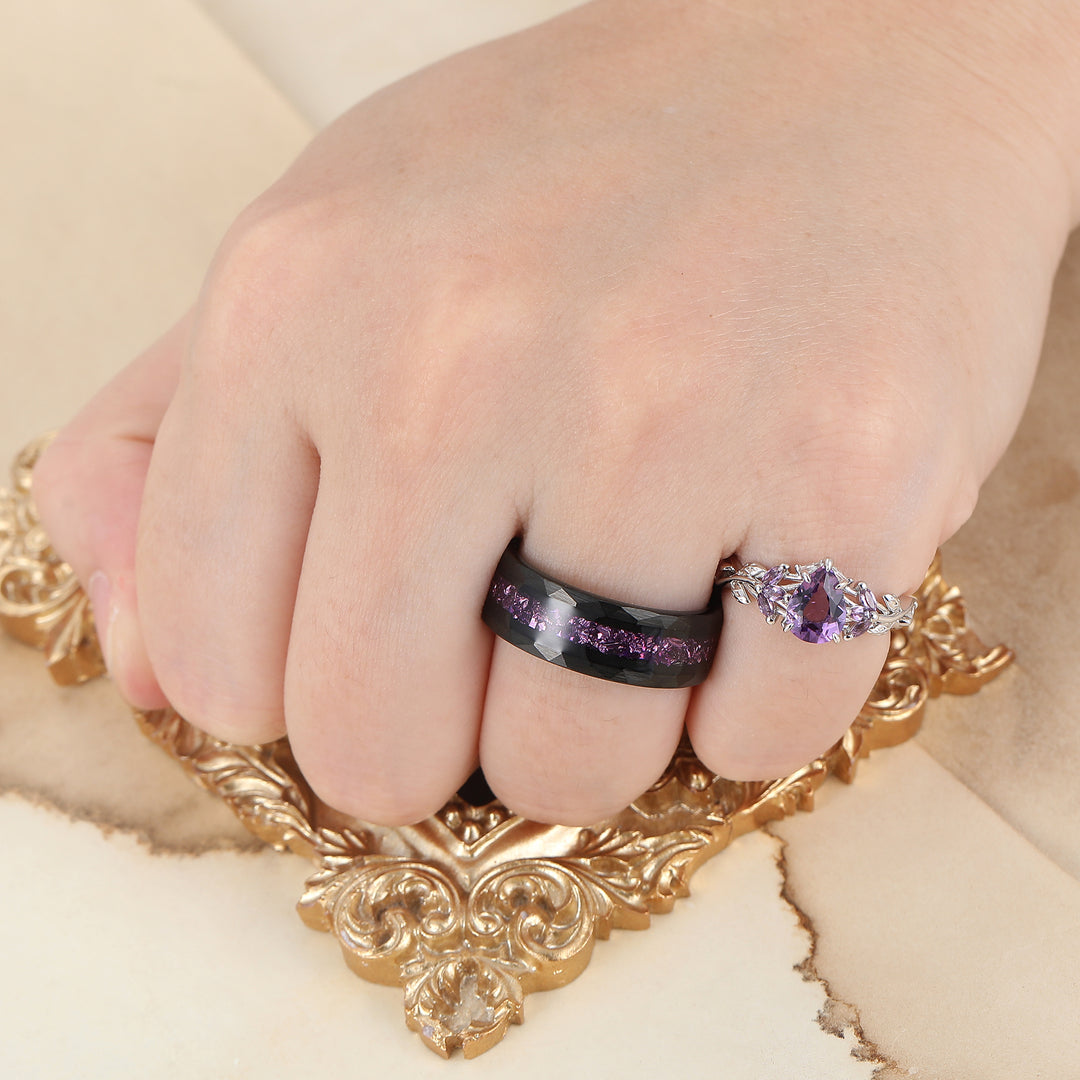 Fede Nuziale Coppia in Ametista Viola Naturale Ispirata alla Foglia 2 pezzi per Uomo e Donna