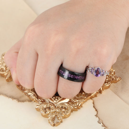 Fede Nuziale Coppia in Ametista Viola Naturale Ispirata alla Foglia 2 pezzi per Uomo e Donna