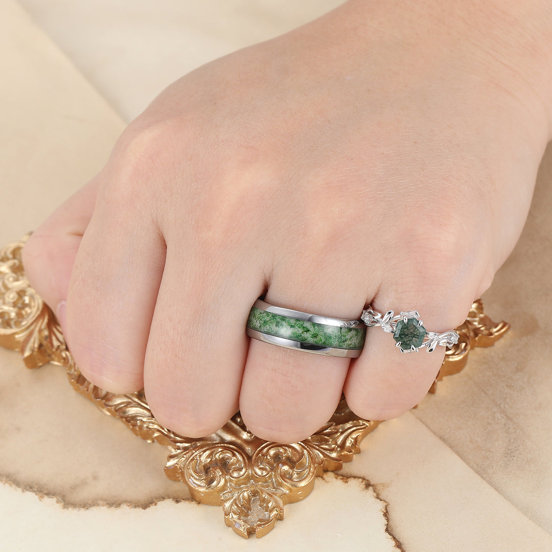 Uniek takjesontwerp hexagon-geslepen mosagaat ring voor hem en haar, beloftering voor koppels