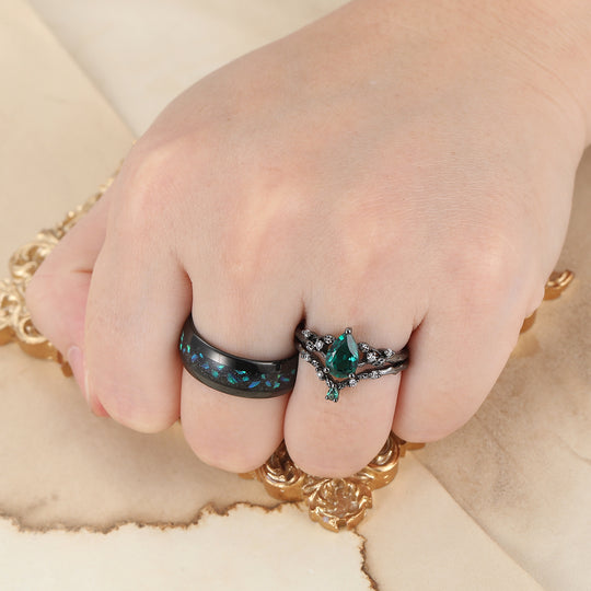 Branch Leaf Engraved Green Emerald Couple Ring Set Emerald Matching Rings For Men For Women