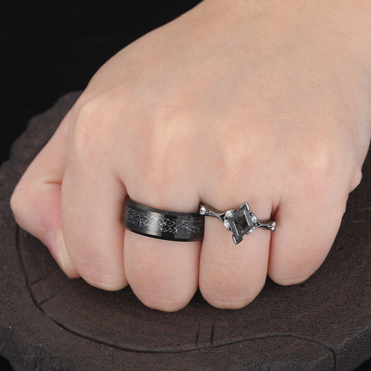 Bague Couple en Quartz Rutilé Noir Taillé en Losange, Ensemble Assorti en Argent Sterling 925 et Tungstène