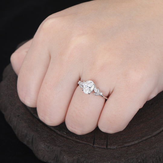 Prongs Setting Oval Moissanite Engagement Ring Black Plated Leaf Wedding Ring -  Esdomera.com