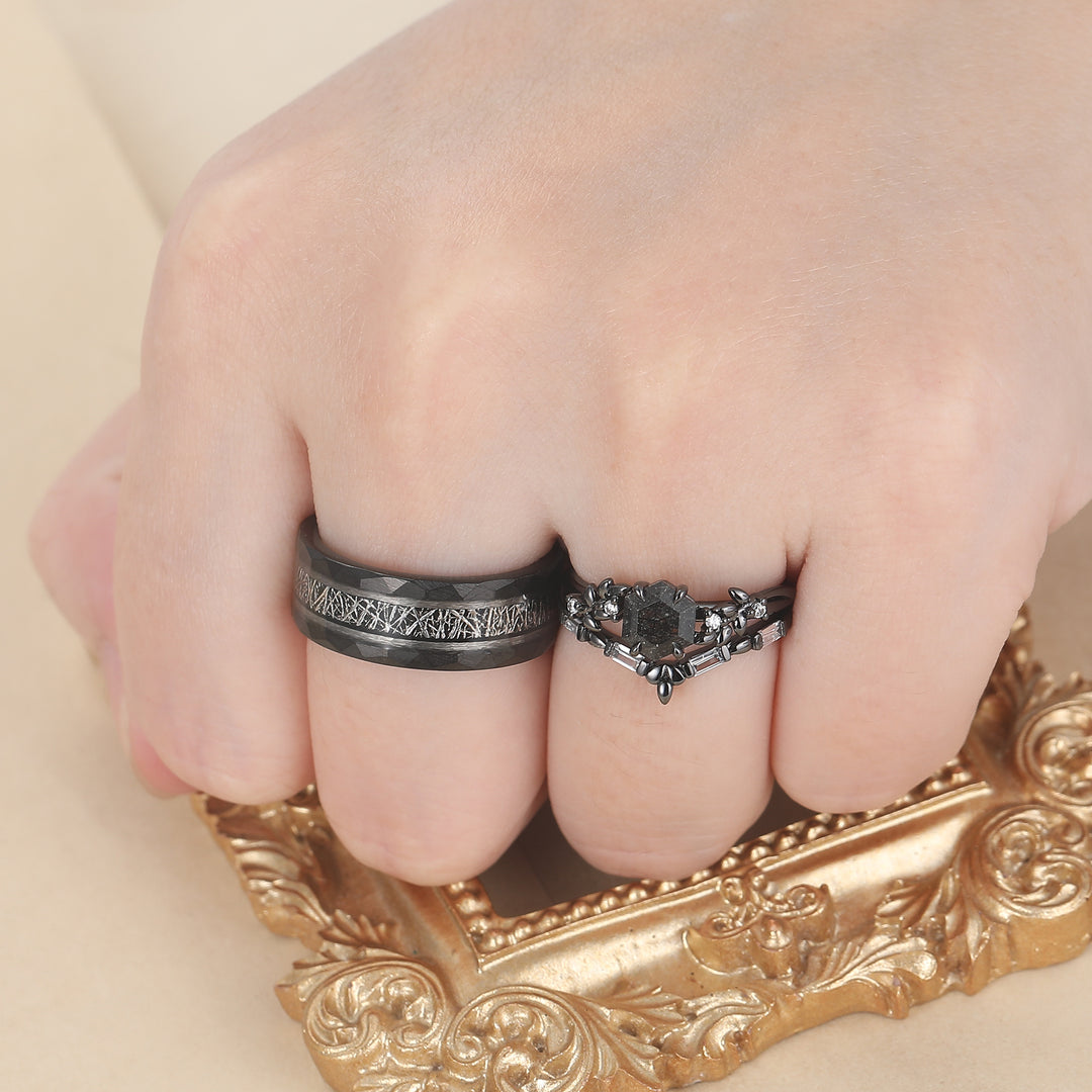 Wheat Inspired Natural Black Rutilated Quartz Couple Ring Set Minimalist Line-style His And Hers Ring -  Esdomera.com