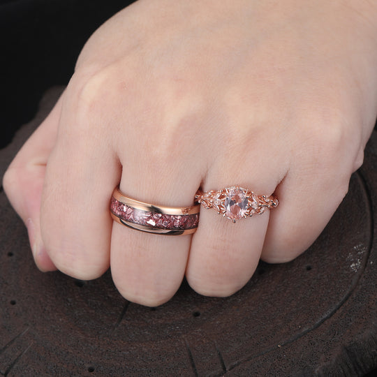 Bagues De Couple Feuille En Morganite Rose Vintage, Inspirées Par La Nature, Motif Fleur Pour Lui Et Pour Elle