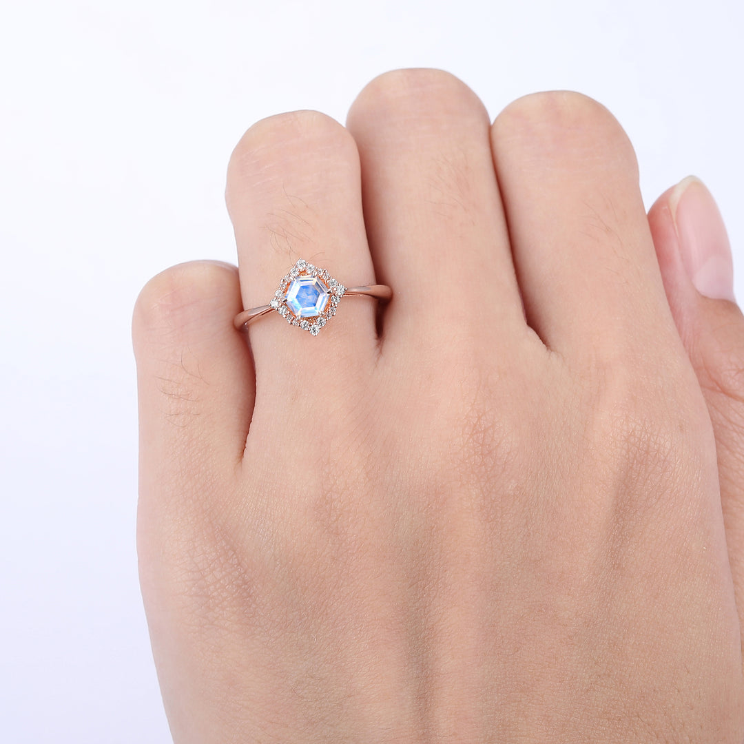 Retro 0.55CT Hexagon Cut Floral Moonstone Engagement Ring Deco Milgrain Moissanite Ring