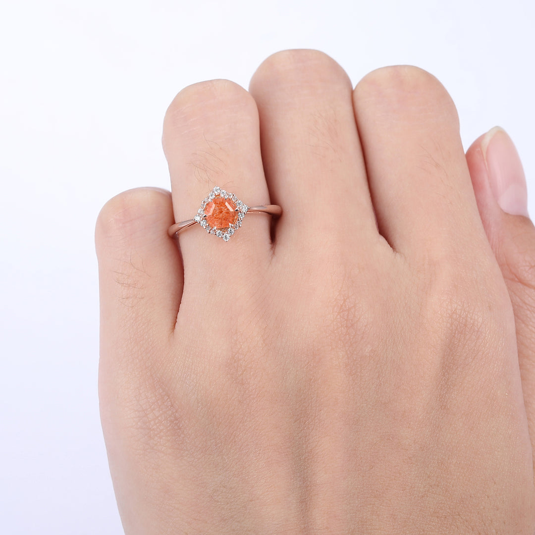 Dainty 0.55CT Hexagon Cut Floral Sunstone Ring Milgrain Moissanite Anniversary Ring