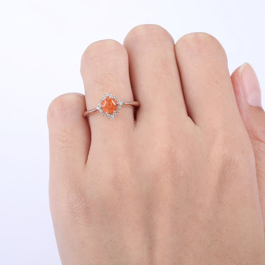 Dainty 0.55CT Hexagon Cut Floral Sunstone Ring Milgrain Moissanite Anniversary Ring