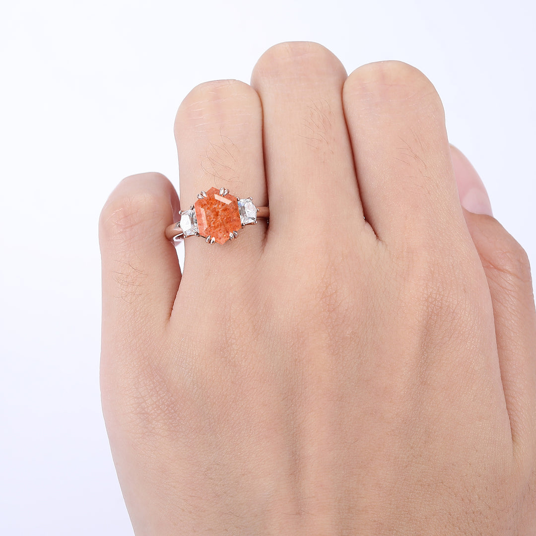 2.5CT Long Hexagon Cut Sunstone Double Prongs Ring Cadillac Cut Moissanite Bridal Ring