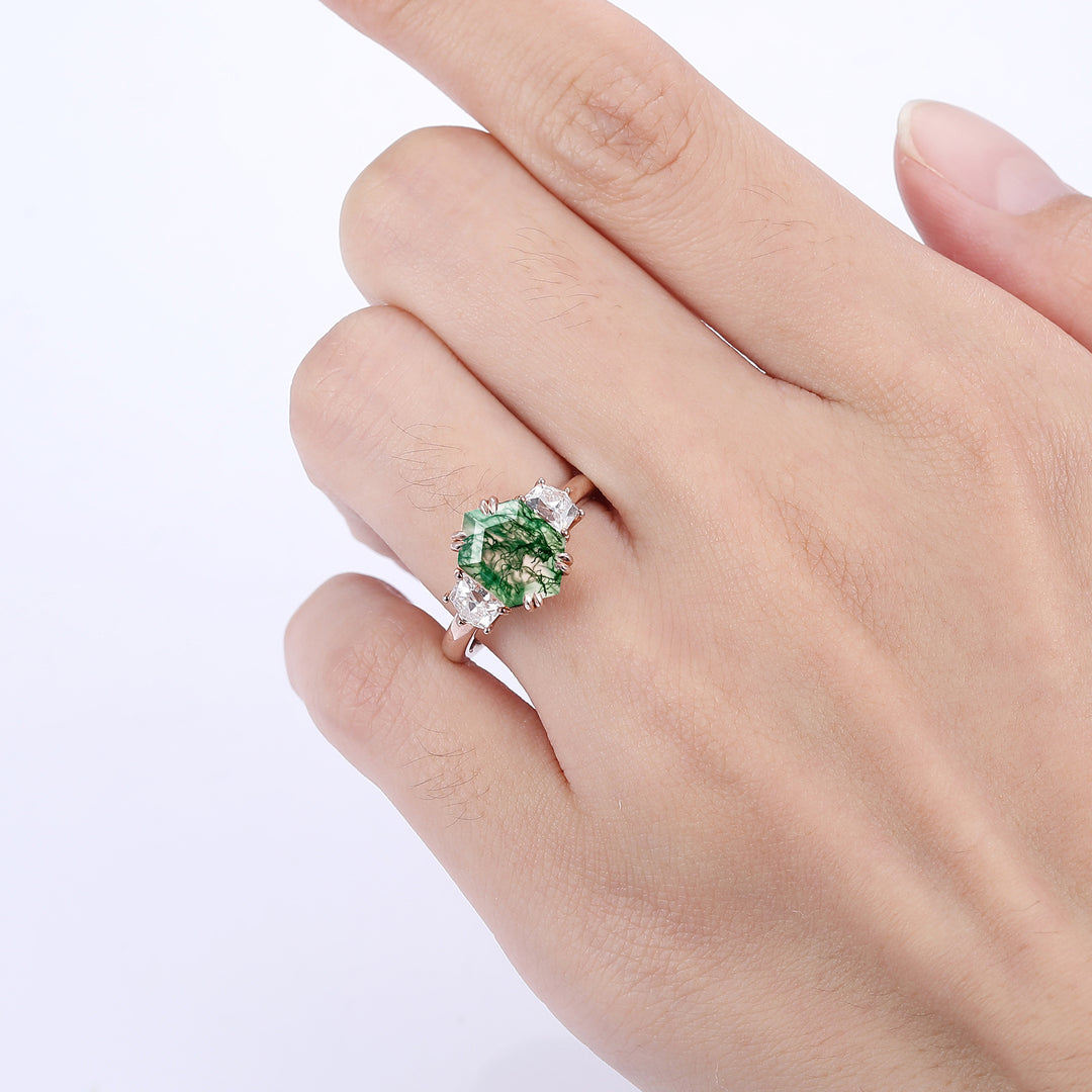 2.5CT Long Hexagon Cut Moss Agate Double Prongs Ring Cadillac Cut Moissanite Fine Ring