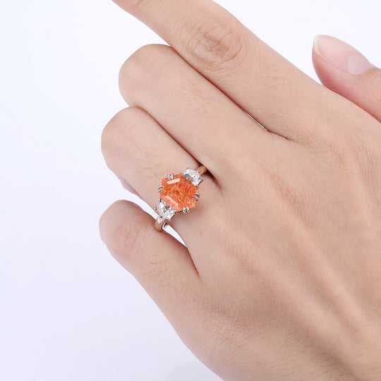 2.5CT Long Hexagon Cut Sunstone Double Prongs Ring Cadillac Cut Moissanite Bridal Ring