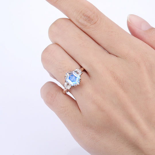 Long Hexagon Cut Moonstone Double Prongs Ring Cadillac Cut Moissanite Inlay Ring