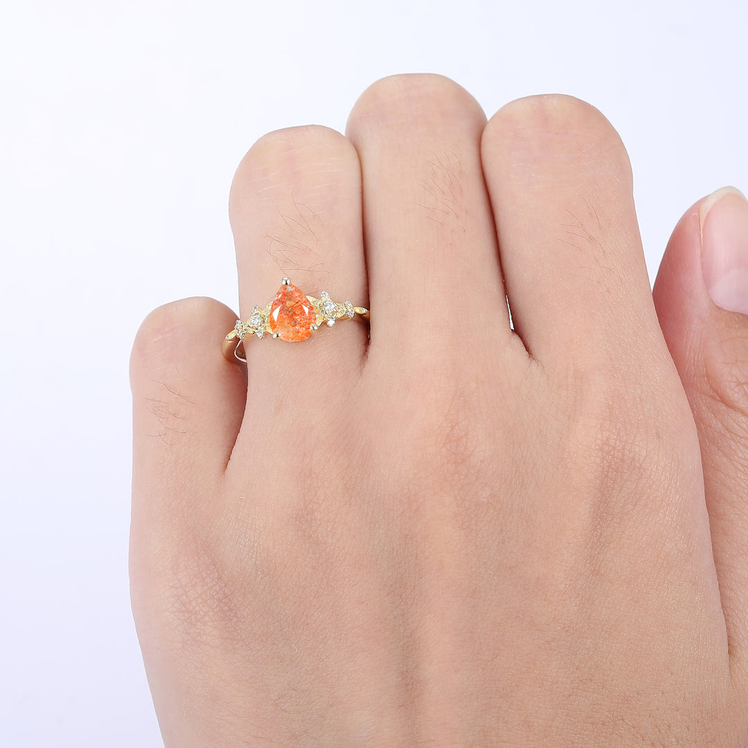 Elegant Floral Pear Cut Natural Sunstone Engagement Ring Anniversary Bridal Ring