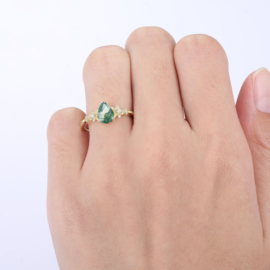 Elegant Floral Pear Cut Natural Moss Agate Engagement Ring Anniversary Birthday Ring