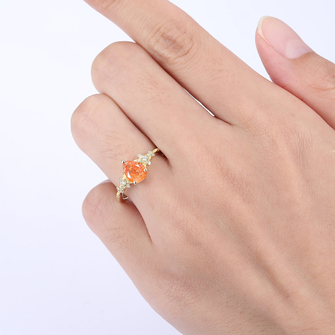 Elegant Floral Pear Cut Natural Sunstone Engagement Ring Anniversary Bridal Ring