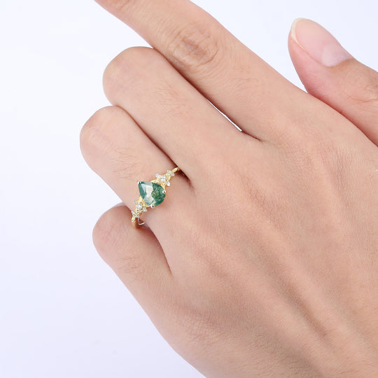 Elegant Floral Pear Cut Natural Moss Agate Engagement Ring Anniversary Birthday Ring