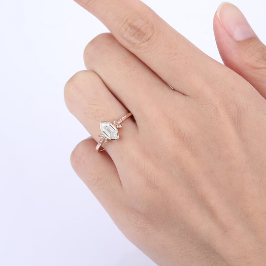 Romantic Long Hexagon Cut Moissanite Marquise Gold Unique Promise Anniversary Bridal Ring