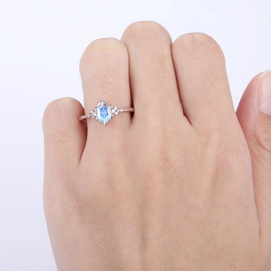 1.1 Carat Long Hexagon Cut Moonstone Ring Milgrain Moissanite Promise Ring