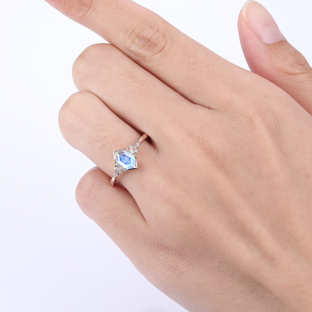 1.1 Carat Long Hexagon Cut Moonstone Ring Milgrain Moissanite Promise Ring