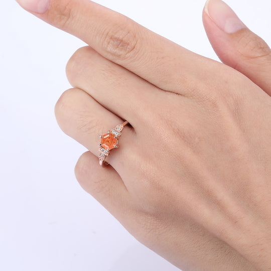 Retro 0.85CT Hexagon Cut Sunstone Engagement Ring Moissanite Prongs Ring