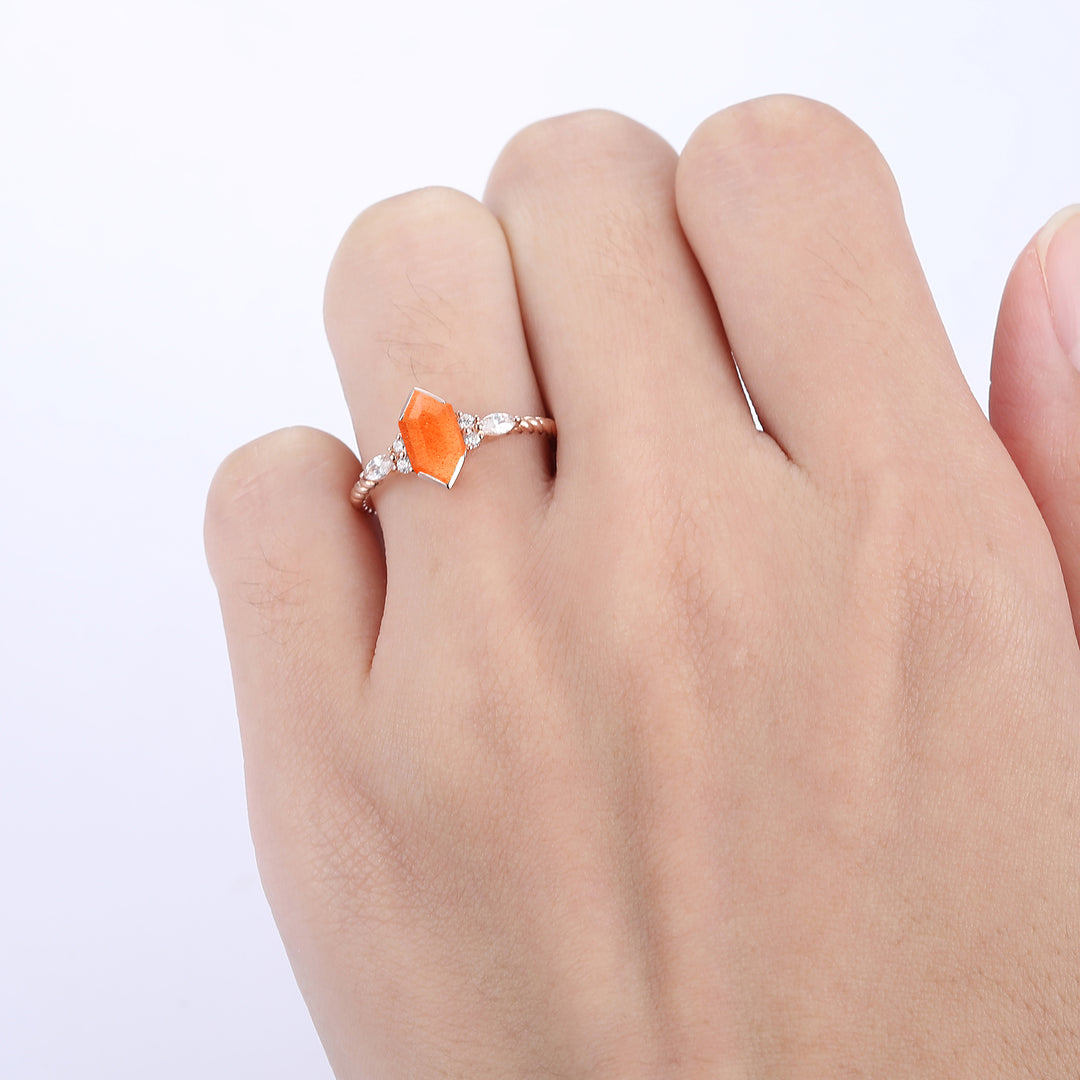 Classic Long Hexagon Cut Sunstone Engagement Ring Unique Twisted Rope Ring