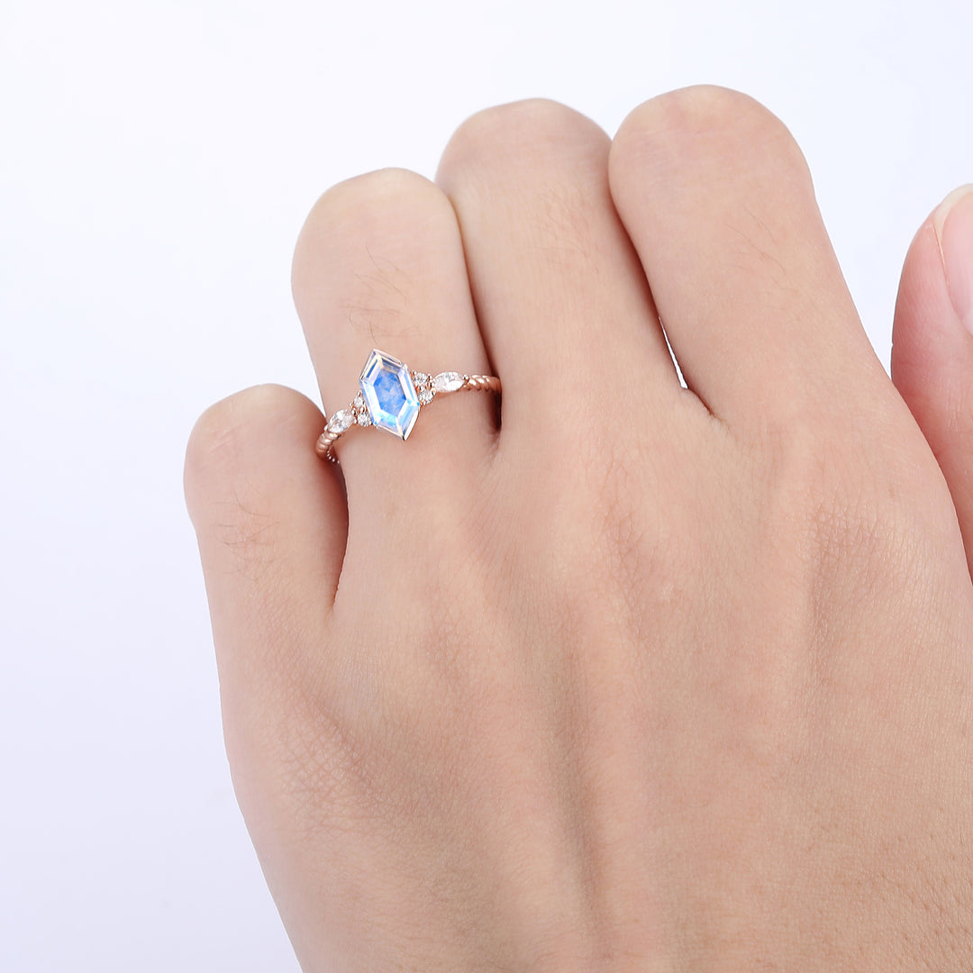 Classic Long Hexagon Cut Moonstone Engagement Ring Unique Twisted Rope Ring