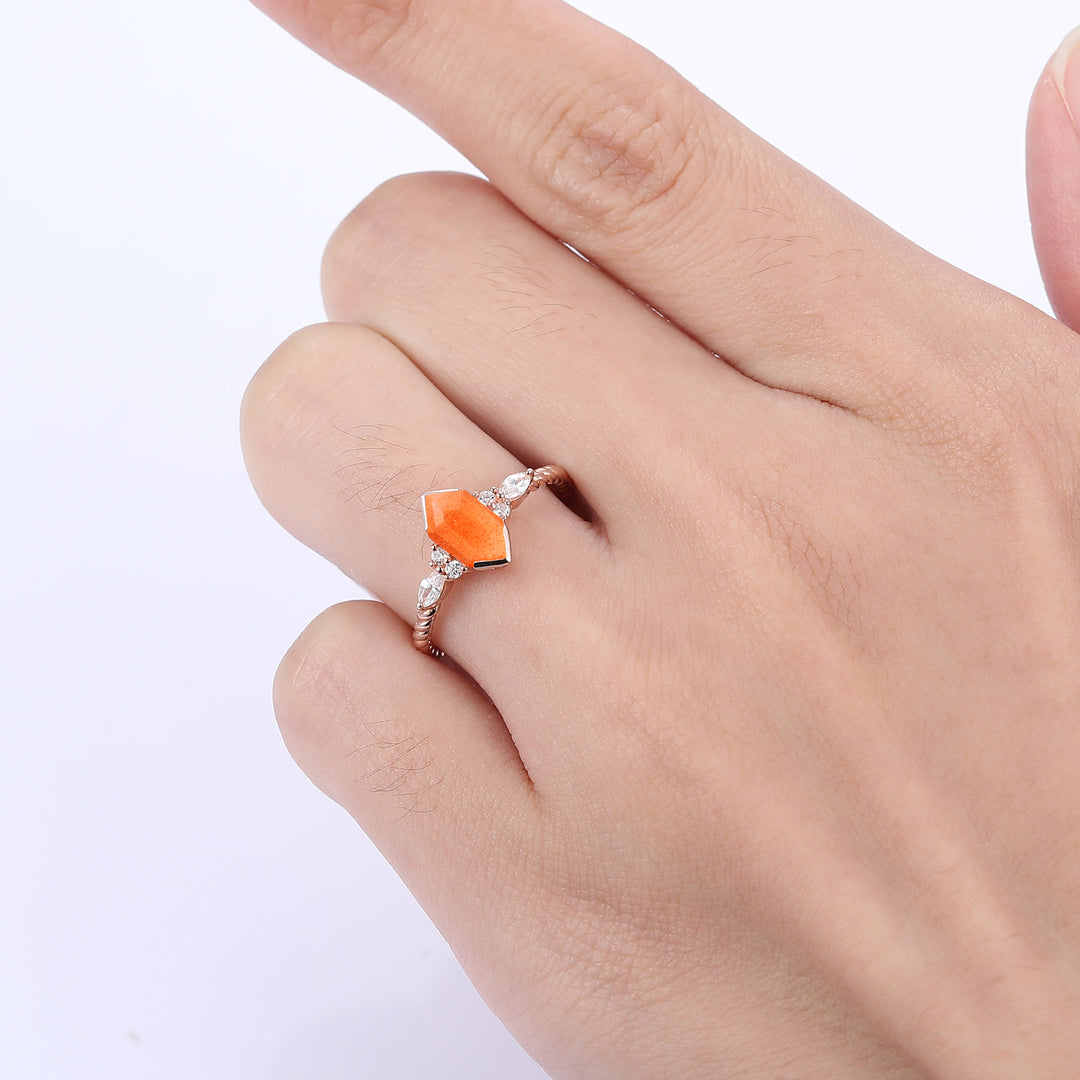 Classic Long Hexagon Cut Sunstone Engagement Ring Unique Twisted Rope Ring