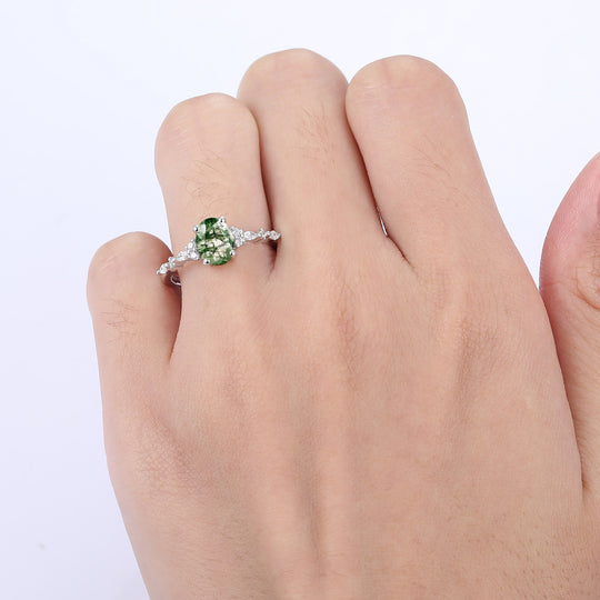 Retro Prong Setting Oval Cut Moss Agate Engagement Ring Women Wedding Ring