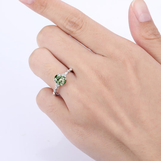 Retro Prong Setting Oval Cut Moss Agate Engagement Ring Women Wedding Ring