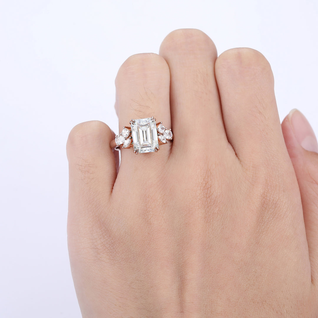 Vintage 3.50CT Emerald Cut Moissanite Engagement Ring Art Moissanite Anniversary Women Ring