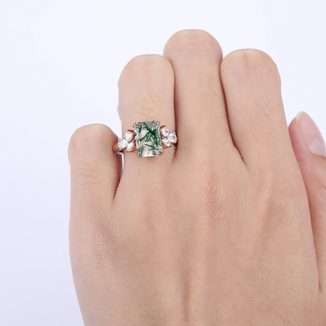 Vintage 3.5CT Emerald Cut Moss Agate Ring Prong Setting Moissanite Inlay Women Ring