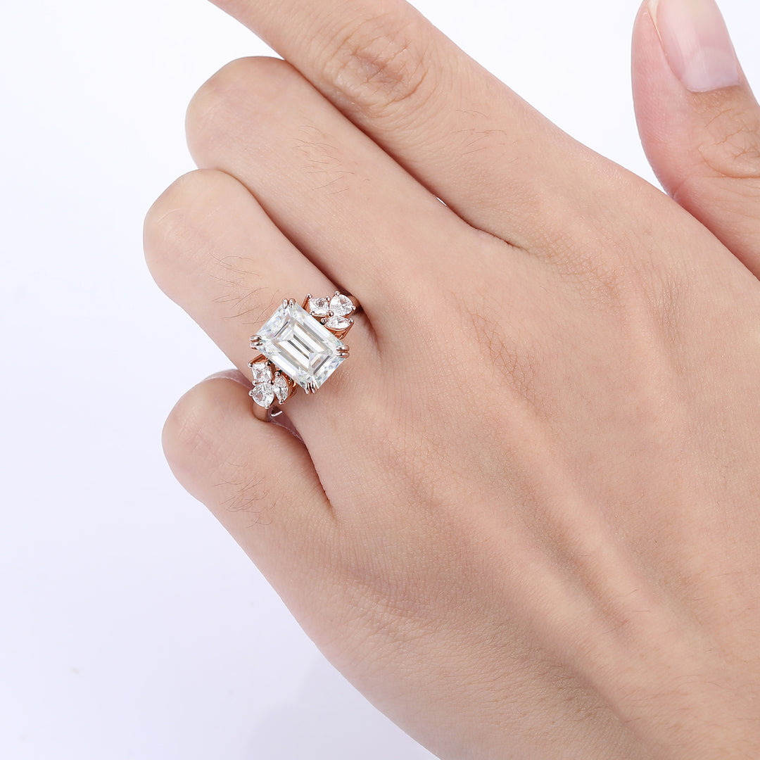 Vintage 3.50CT Emerald Cut Moissanite Engagement Ring Art Moissanite Anniversary Women Ring