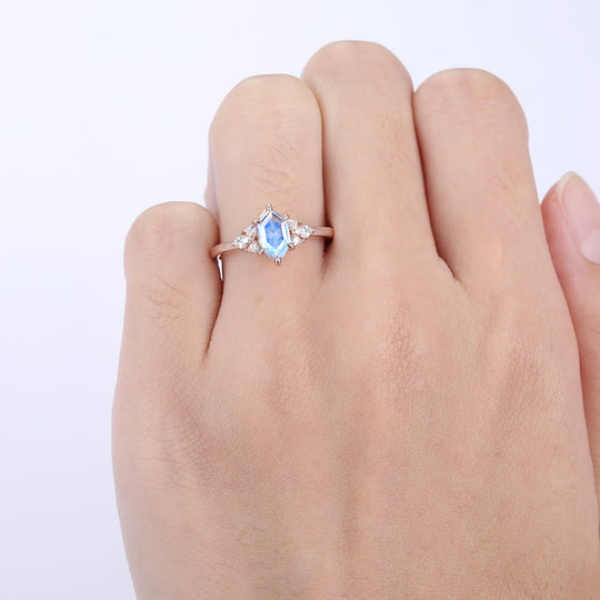 Unique 1.1CT Long Hexagon Cut Moonstone Prongs Ring Gift For Women