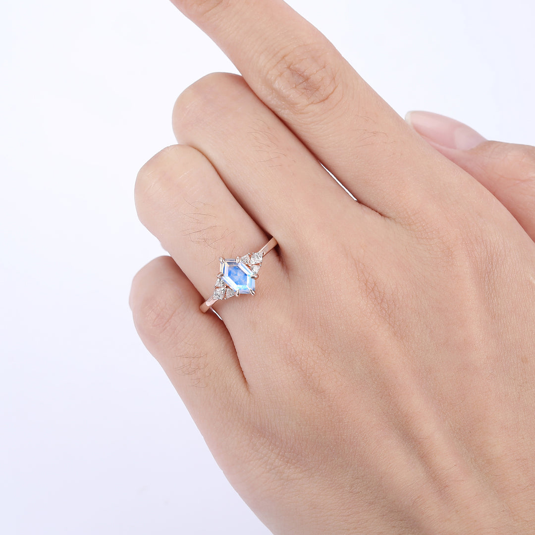 Unique 1.1CT Long Hexagon Cut Moonstone Prongs Ring Gift For Women