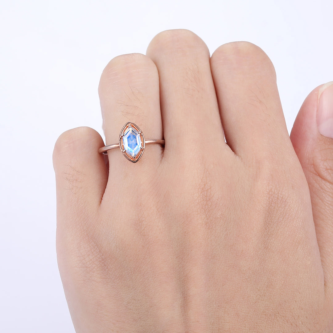 Solitaire 6 Prongs 1.1CT Long Hexagon Cut Moonstone Ring Promise Bridal Ring