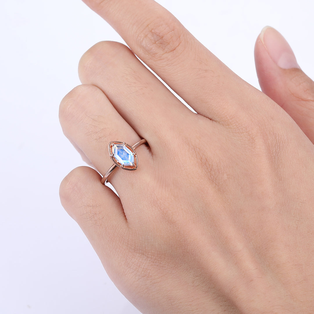 Solitaire 6 Prongs 1.1CT Long Hexagon Cut Moonstone Ring Promise Bridal Ring