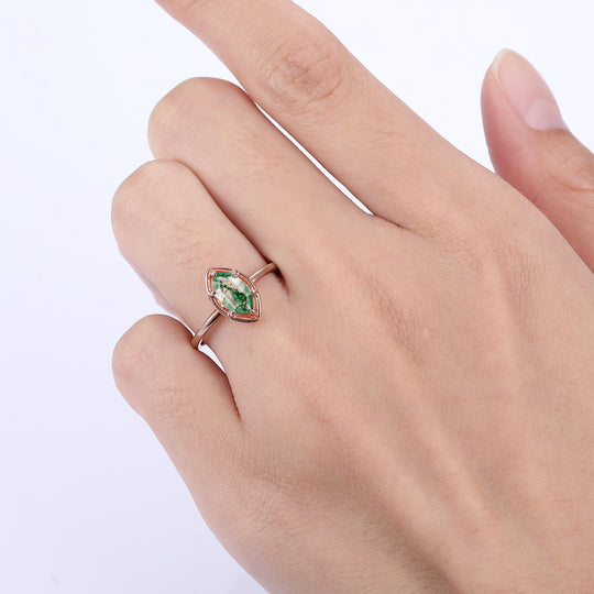 6 Prongs Solitaire Long Hexagon Cut Moss Agate Engagement Ring Anniversary Ring