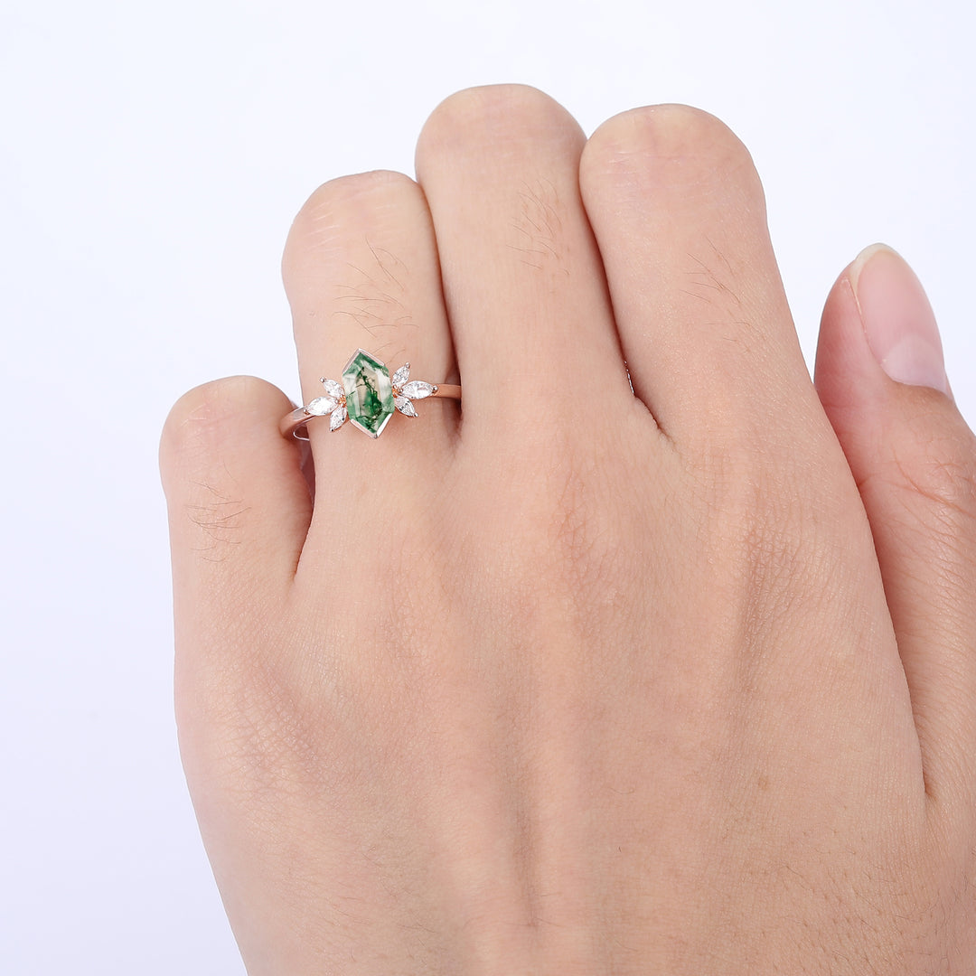 Classic Long Hexagon Cut Moss Agate Ring Marquise Moissanite Inlay Promise Ring