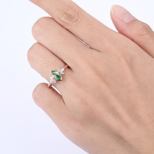 Classic Long Hexagon Cut Moss Agate Ring Marquise Moissanite Inlay Promise Ring