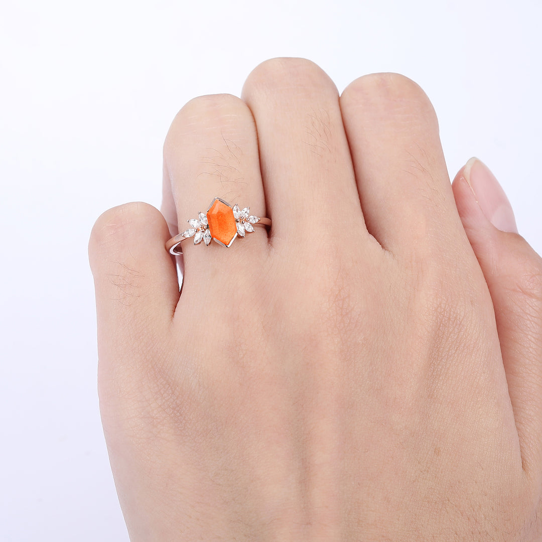 Elongated Hexagon Cut Sunstone Ring Petal Shape Women Anniversary Ring