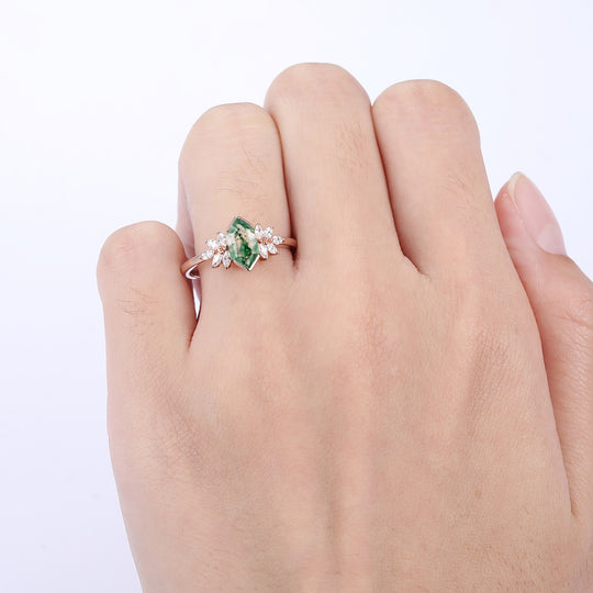 Elongated Hexagon Cut Moss Agate Ring Petal Shape Women Bridal Ring