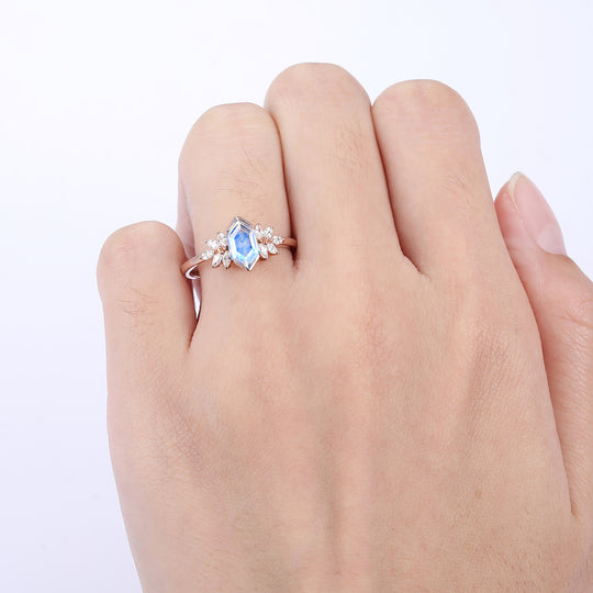 Elongated Hexagon Cut Moonstone Ring Petal Shape Women Fine Ring