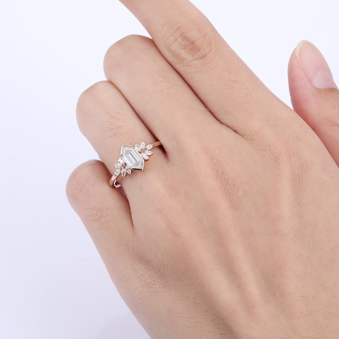 Noble Long Hexagon Cut Moissanite Petal Engagement Ring For Birthday Gift