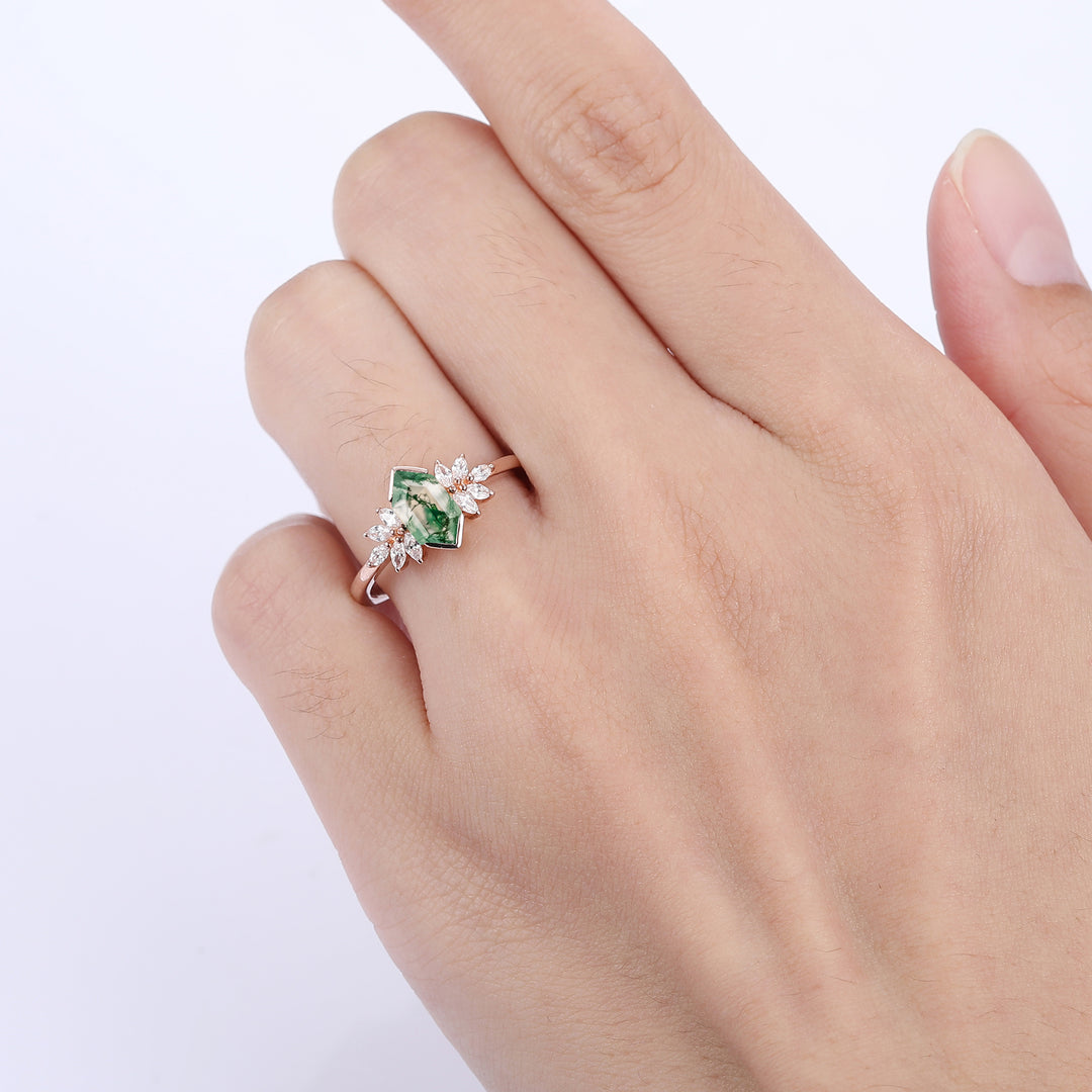 Elongated Hexagon Cut Moss Agate Ring Petal Shape Women Bridal Ring