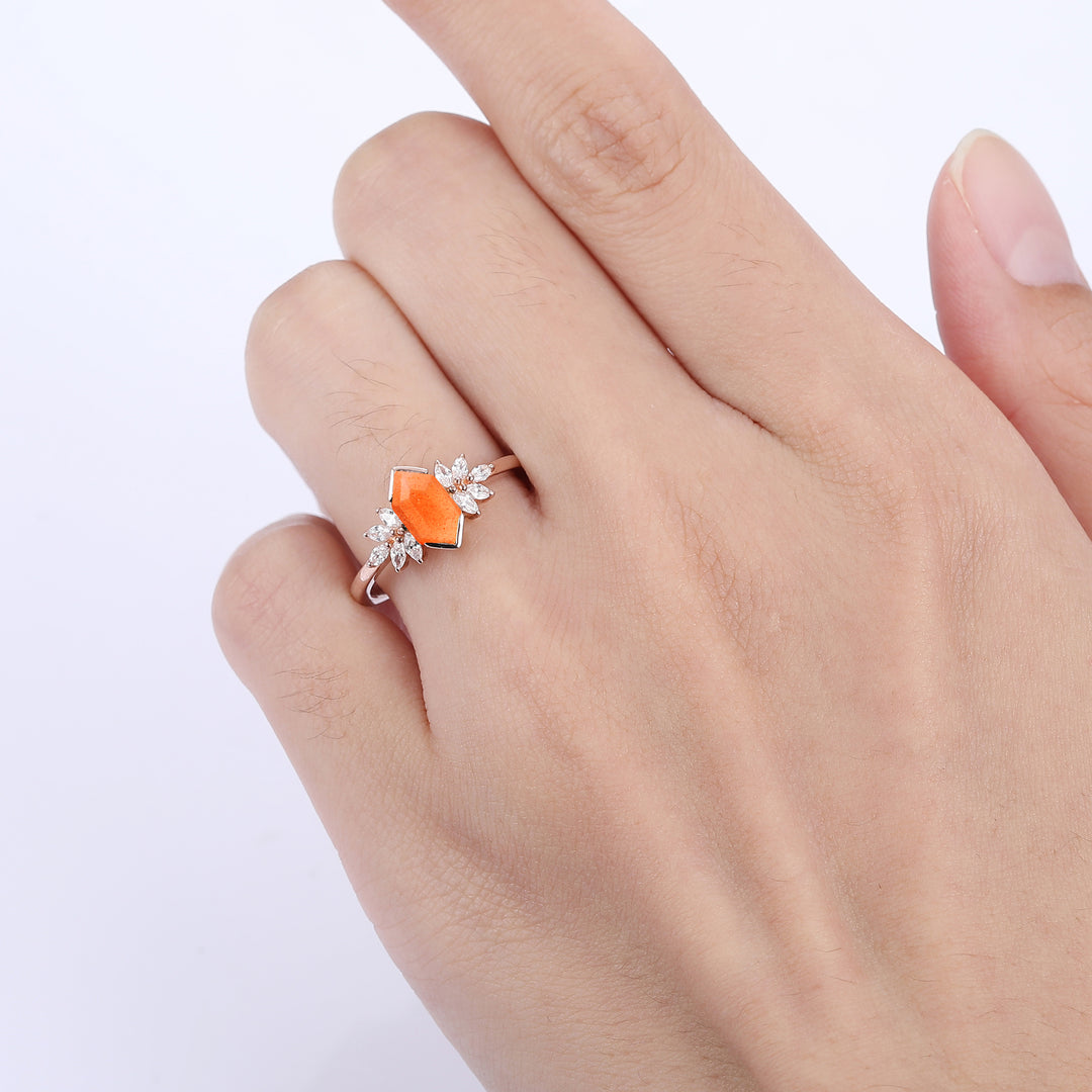 Elongated Hexagon Cut Sunstone Ring Petal Shape Women Anniversary Ring