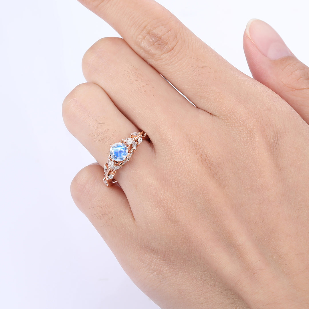 Classic Hollow Branches 0.8CT Round Cut Moonstone Engagement Ring Women Wedding Ring