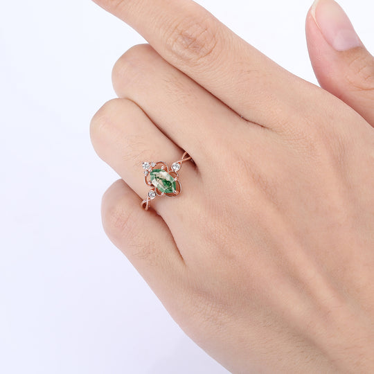 Hollow Classic Long Hexagon Cut Moss Agate Engagement Vine Ring Anniversary Bridal Ring