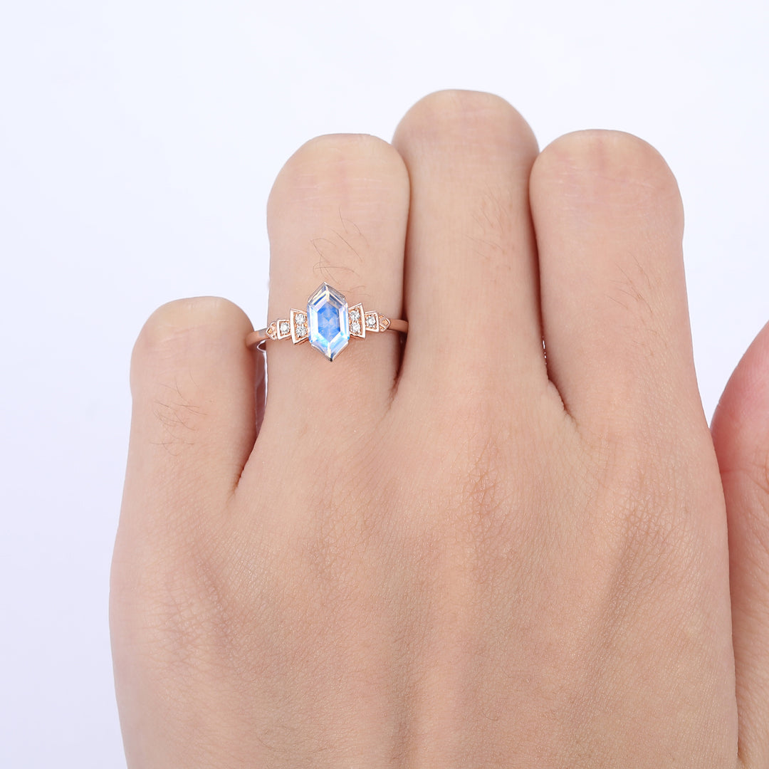 Unique 1.1CT Elongated Hexagon Cut Moonstone Ring Moissanite Inlay Engagement Bridal Ring