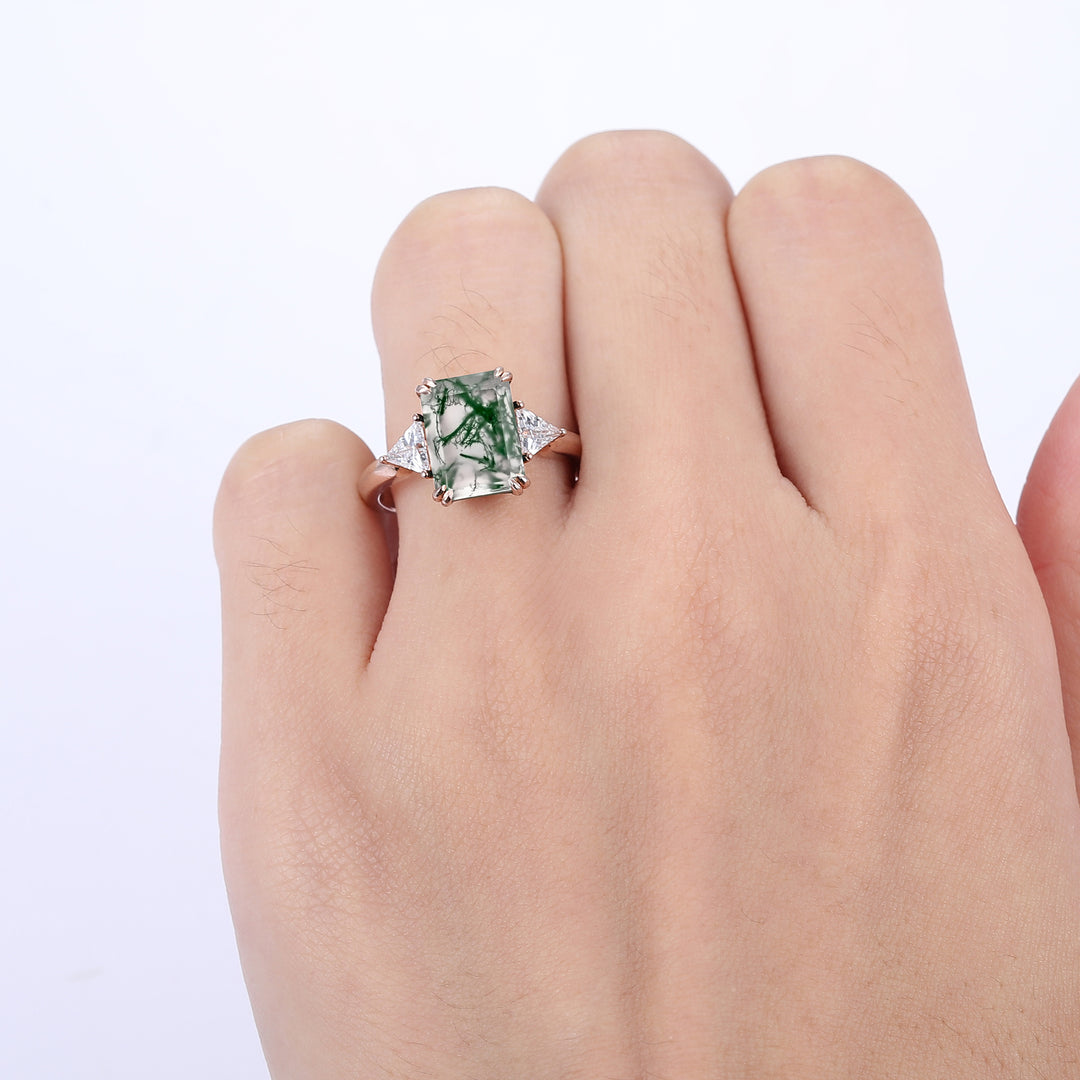 Dainty Double Prongs Emerald Cut Moss Agate Engagement Ring Bridal Ring Gift