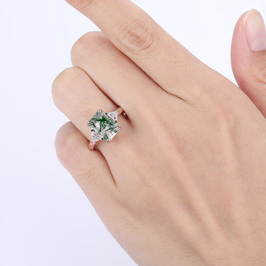 Dainty Double Prongs Emerald Cut Moss Agate Engagement Ring Bridal Ring Gift