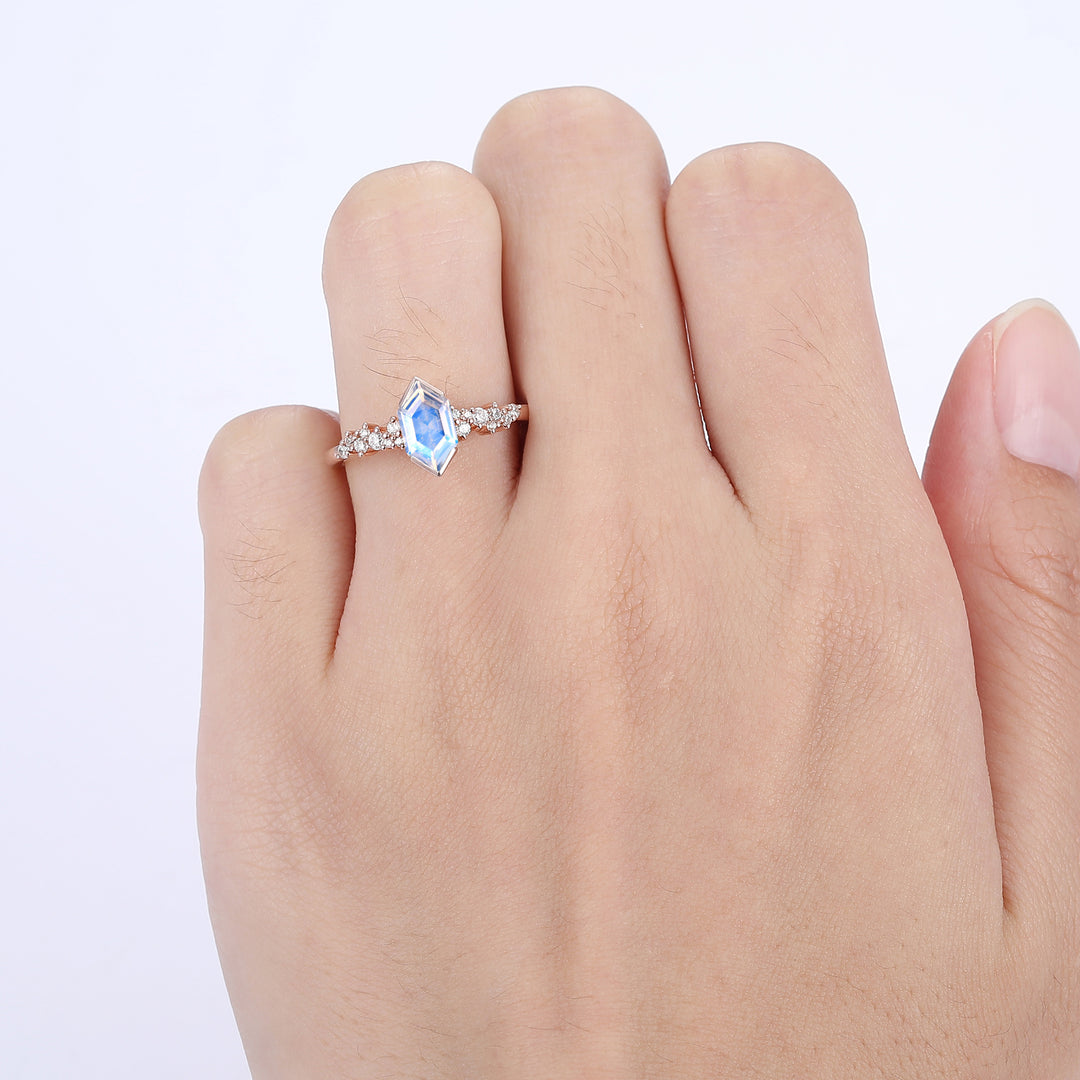 Artsy Elongated Hexagon Cut Moonstone Engagement Ring Promise Anniversary Ring